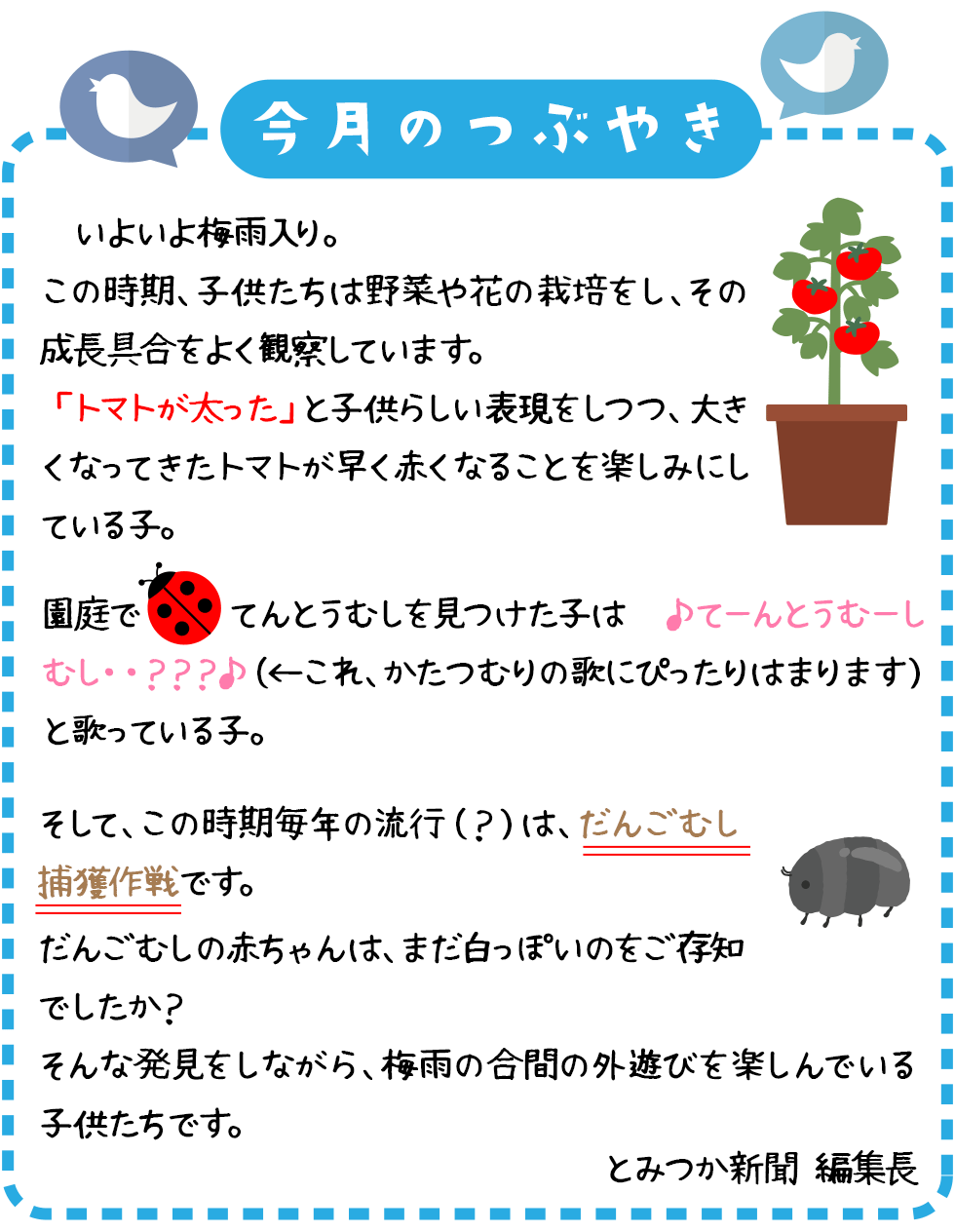 　いよいよ梅雨入り。
この時期、子供たちは野菜や花の栽培をし、その成長具合をよく観察しています。
「トマトが太った」と子供らしい表現をしつつ、大きくなってきたトマトが早く赤くなることを楽しみにしている子。
園庭でてんとうむしを見つけた子は♪てーんとうむーしむし・・？？？♪（←これ、かたつむりの歌にぴったりはまります）と歌っている子。
そして、この時期毎年の流行（？）は、＜だんごむし捕獲作戦＞です。
だんごむしの赤ちゃんは、まだ白っぽいのをご存知でしたか？
そんな発見をしながら、梅雨の合間の外遊びを楽しんでいる子供たちです。
